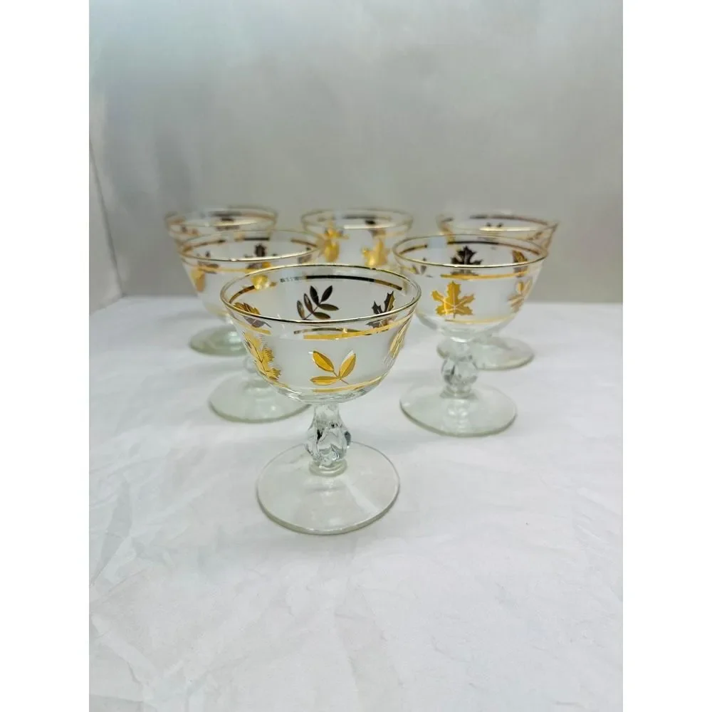 Vintage Libbey Gold Foliage Coupe Glasses Set 6